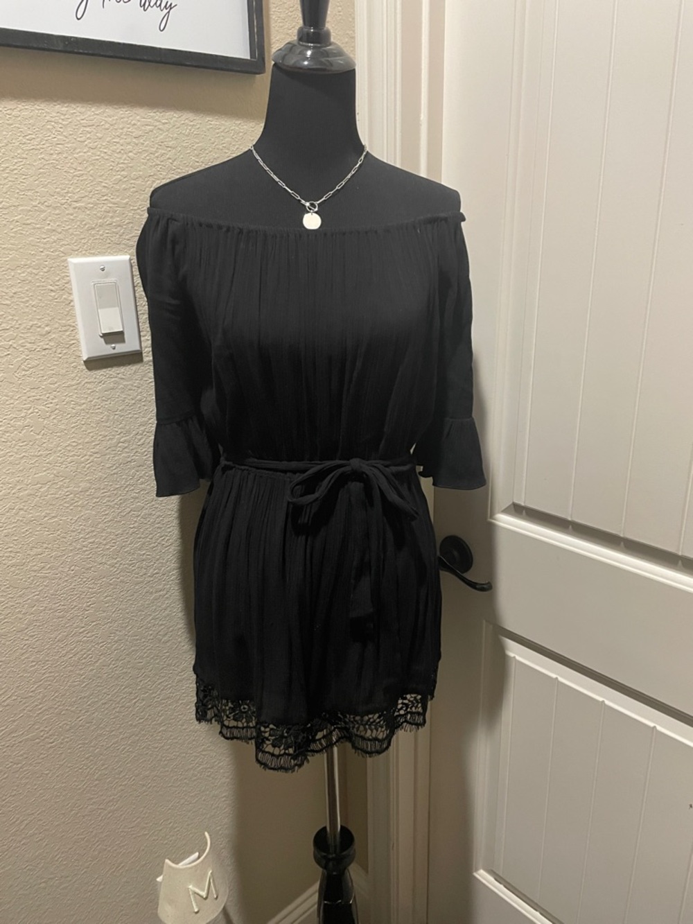 Off-Shoulder Black Lace-Hem Romper